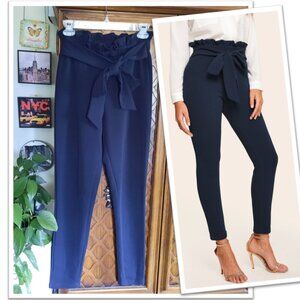 SHEIN Clasi Belted Paperbag Waist Skinny Pants - Navy, Size S